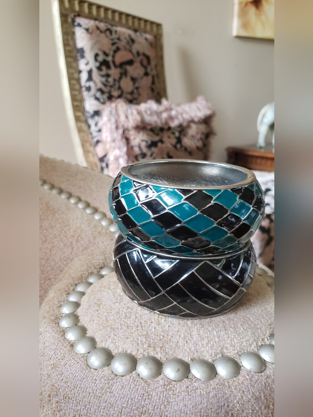 Teal and Black Enamel Bangle Bracelet Set